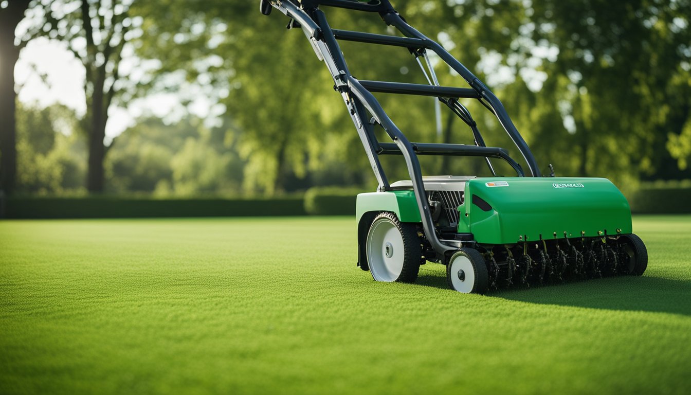 The grass being aerated with a machine, creating small holes in the ground. This process allows air, water, and nutrients to penetrate the soil, promoting healthier and stronger grass growth