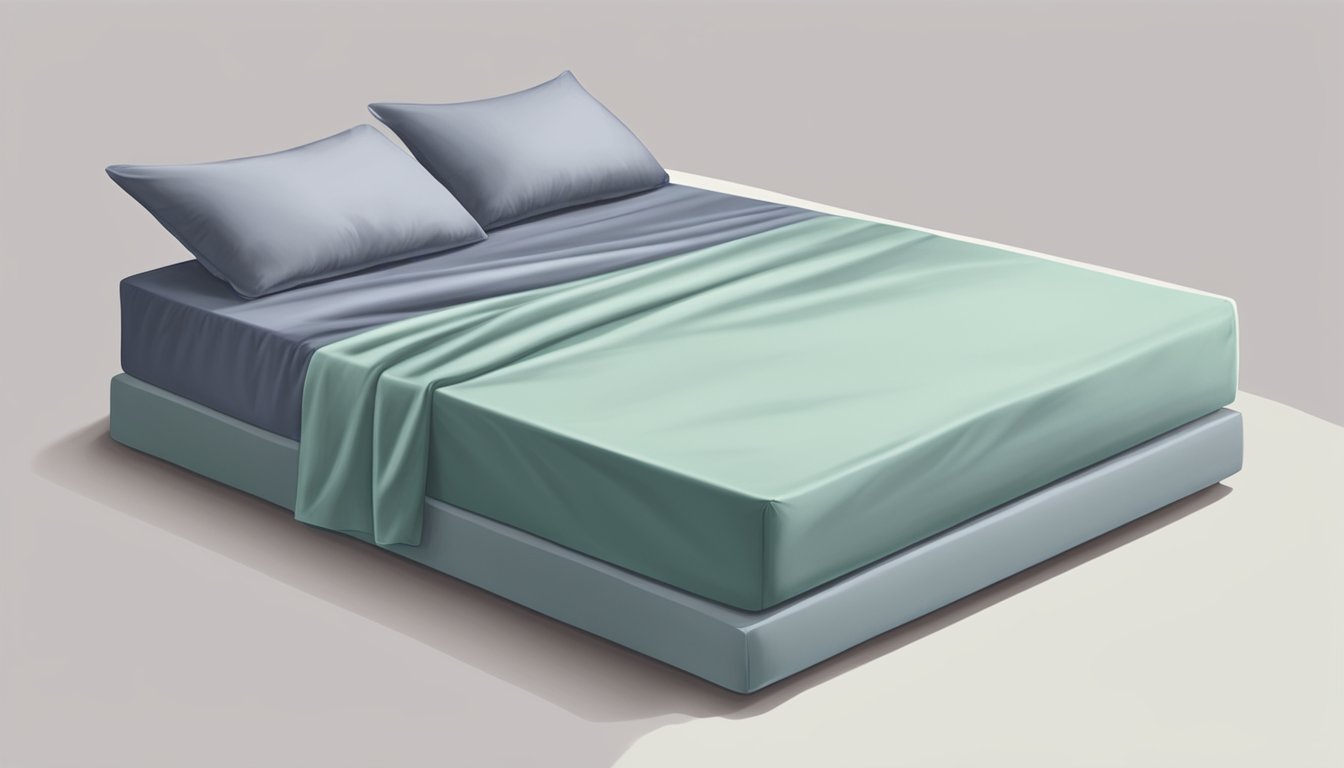 A neatly folded fitted sheet lies flat on a mattress, its elastic edges snugly hugging the corners. A pillow sits atop, adding a touch of coziness to the scene