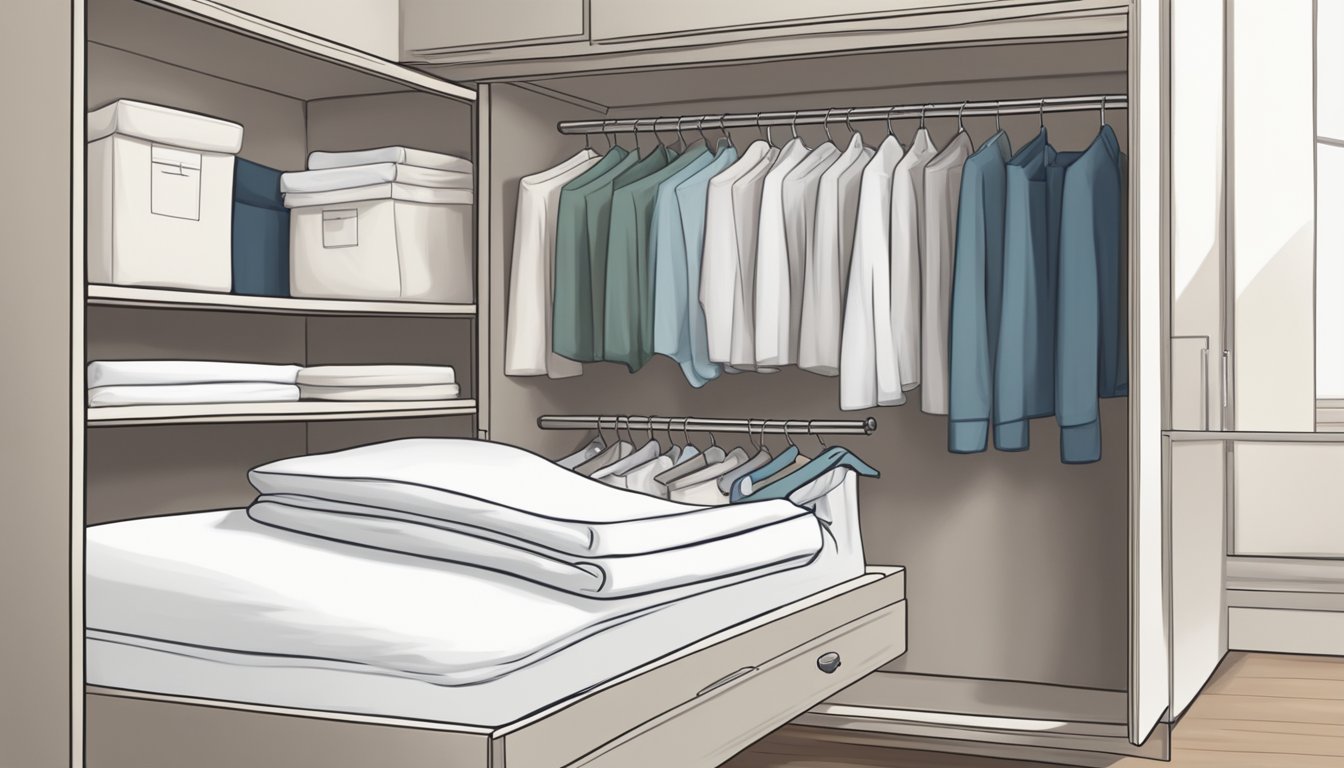 A hand reaching for a fitted sheet in a neatly organized linen closet. The sheet is smooth and wrinkle-free, with elastic edges ready to be fitted onto a mattress