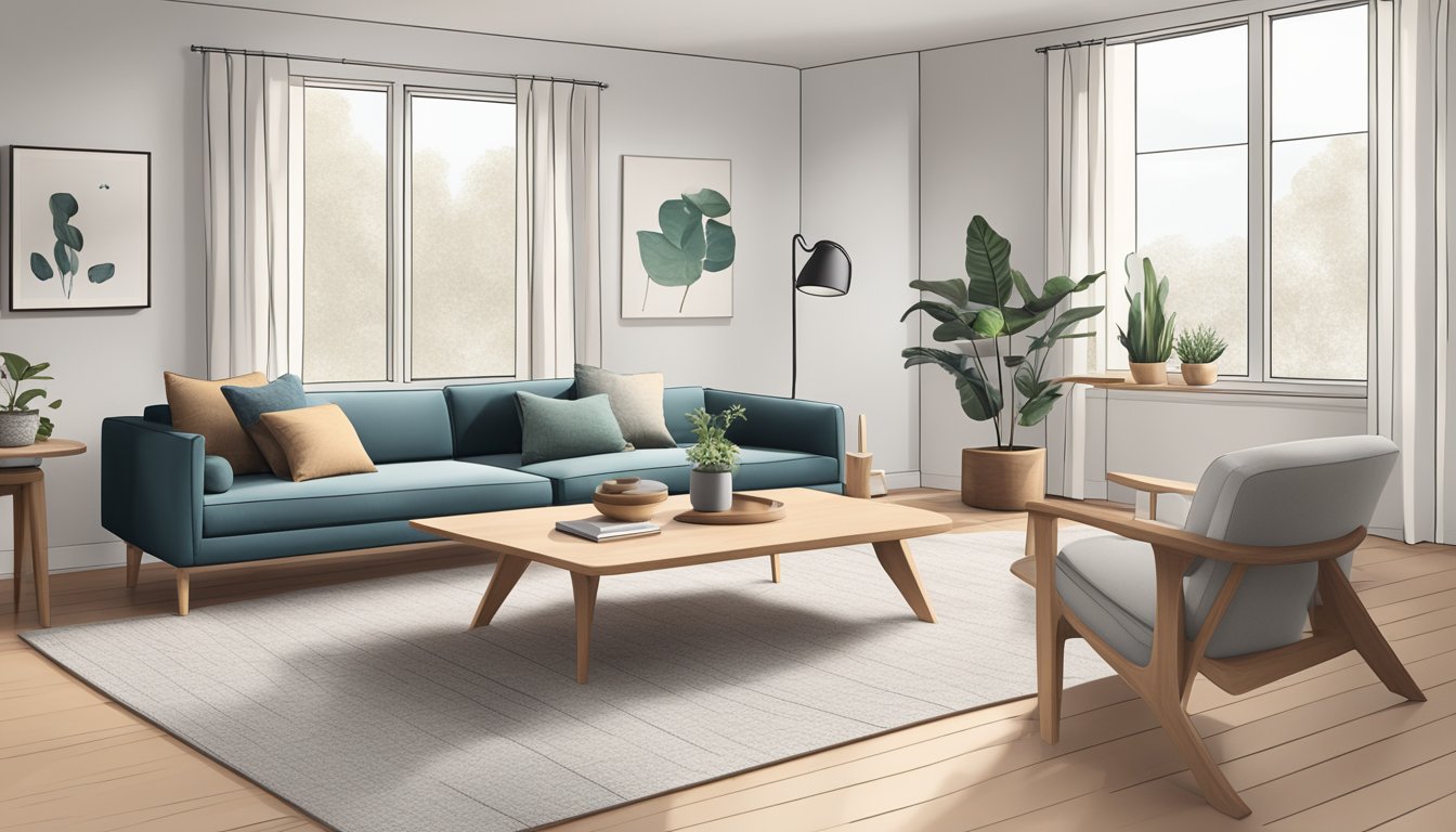 A cozy living room with a sleek, minimalist Nordic coffee table as the focal point. Clean lines, natural wood, and simple design elements create a modern yet inviting atmosphere