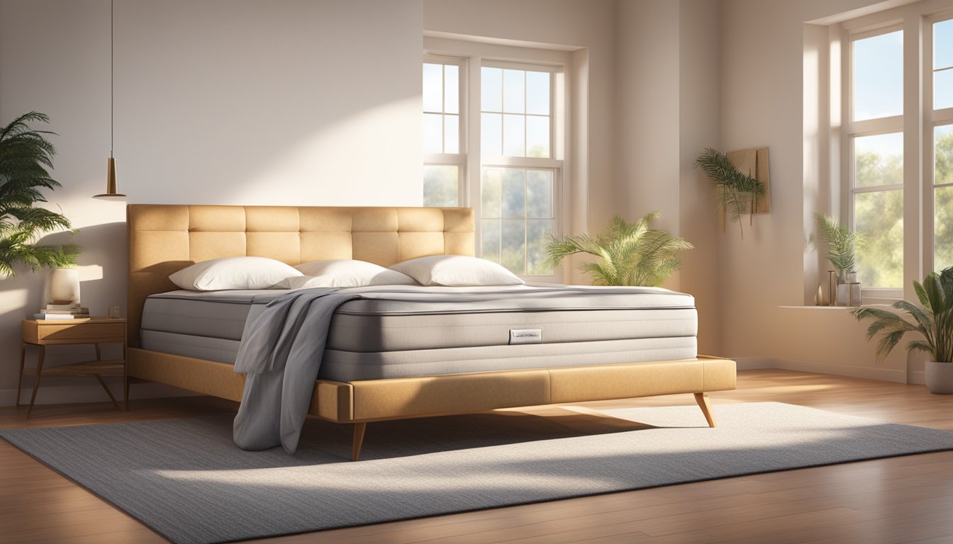 A queen mattress sits in a spacious bedroom, adorned with soft pillows and a cozy comforter. Sunlight streams in through the window, casting a warm glow on the inviting bed