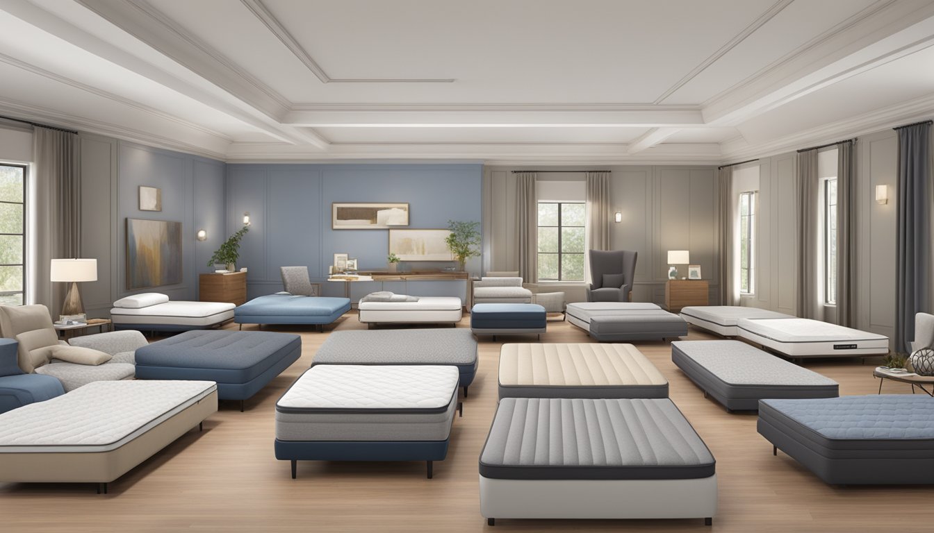 A variety of queen mattresses displayed in a spacious showroom with different firmness levels and materials, including memory foam, innerspring, and hybrid options