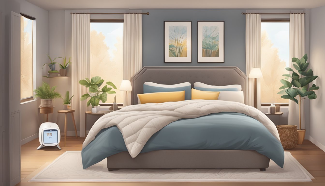 A cozy bedroom with a queen mattress, soft pillows, and warm blankets. A thermostat set to save energy and money