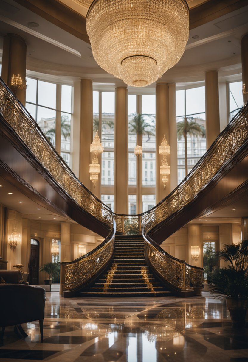 Waco's Luxury Hotel Packages 2024: A grand hotel lobby with opulent decor, plush seating, and sparkling chandeliers. A concierge desk and elegant staircase add to the luxurious ambiance