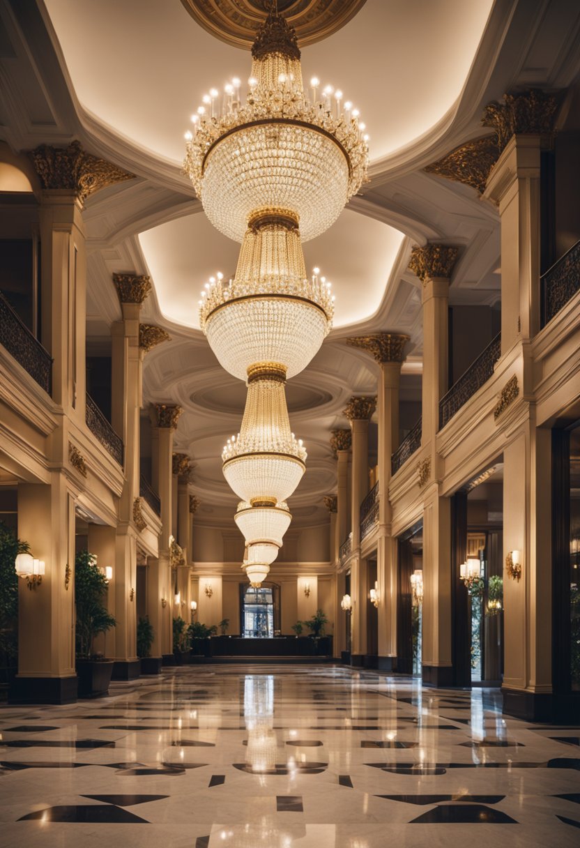 A grand hotel lobby with ornate chandeliers, marble floors, and historical artifacts on display. The room is filled with cultural and historical significance, creating a luxurious and immersive experience