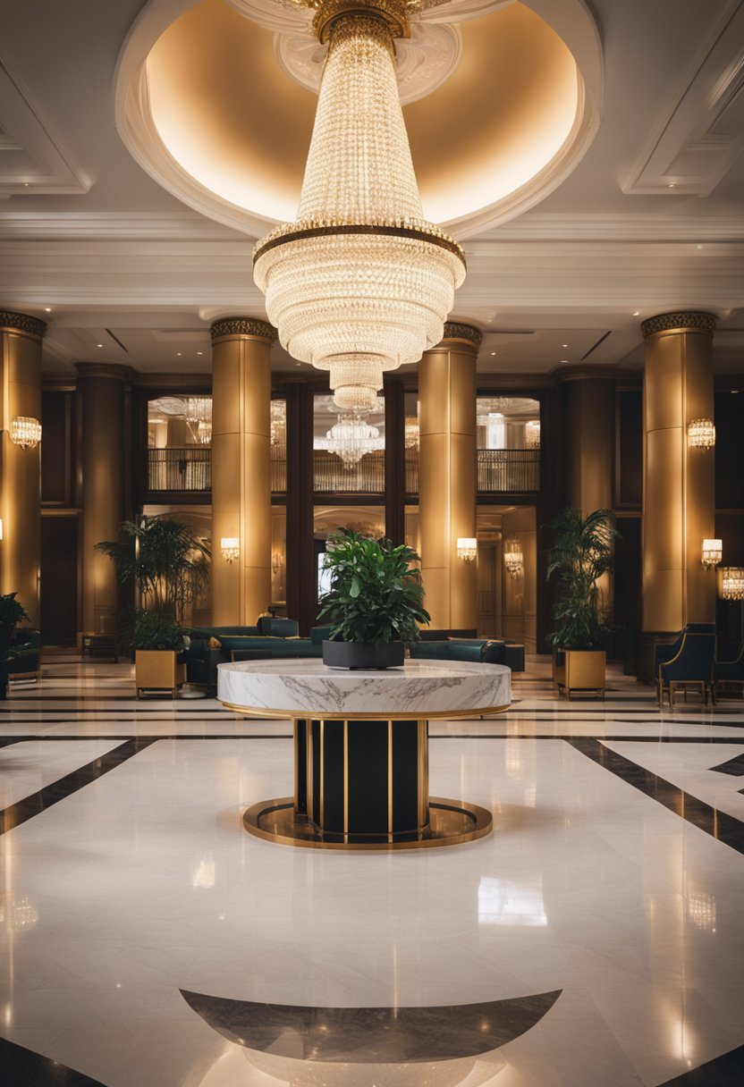 A grand hotel lobby with plush furnishings and a sparkling chandelier. A concierge desk stands at the center, surrounded by elegant marble columns