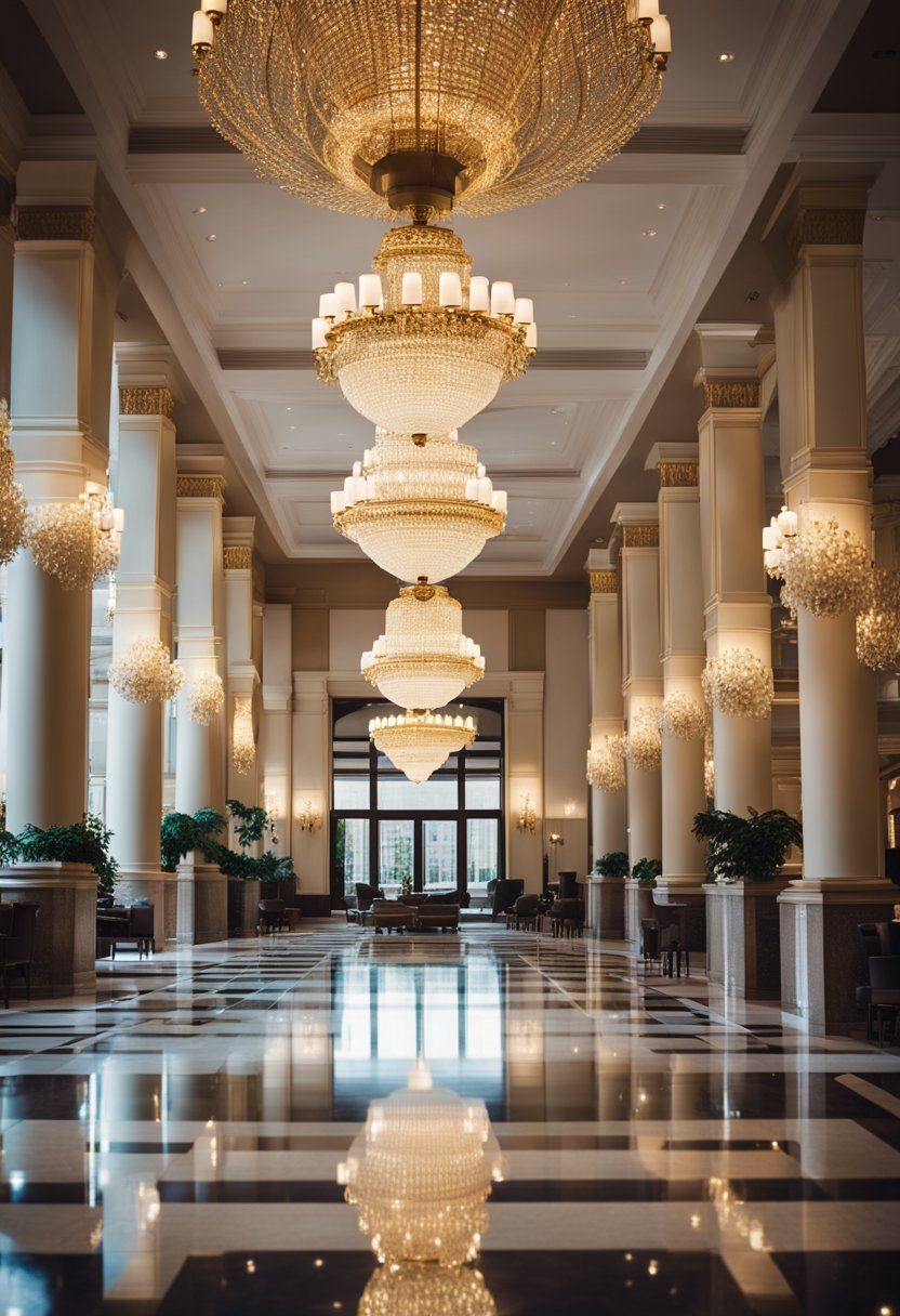 A grand hotel lobby with opulent decor, a concierge desk, and elegant seating areas, surrounded by towering pillars and sparkling chandeliers