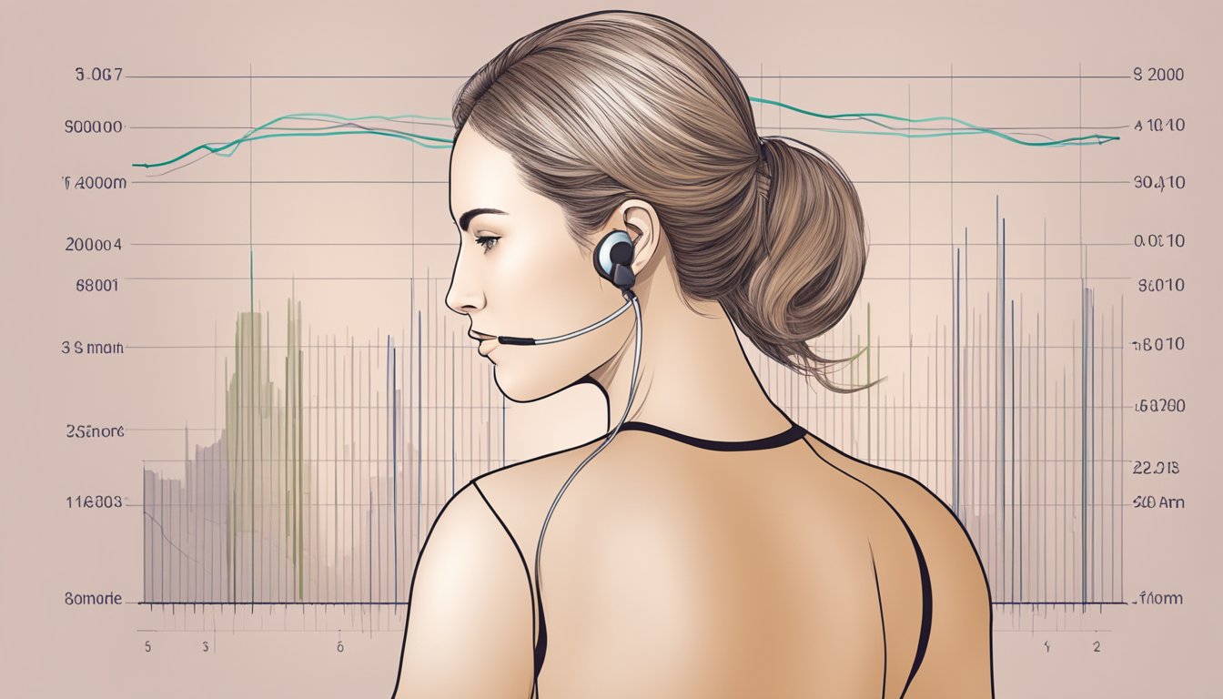 A female figure with a calm and steady heartbeat, indicated by a normal heart rate monitor reading