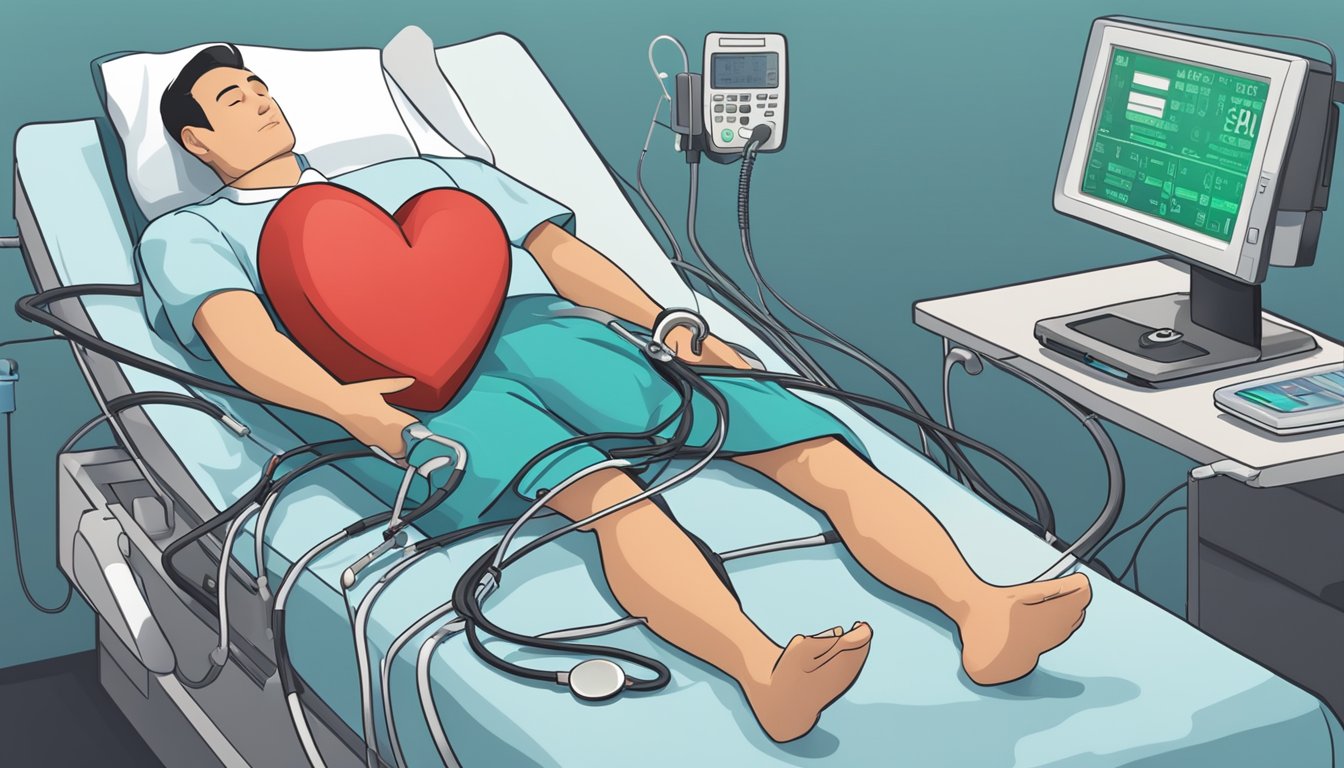 A person lying on a hospital bed hooked up to a heart monitor while a doctor holds a stethoscope to their chest