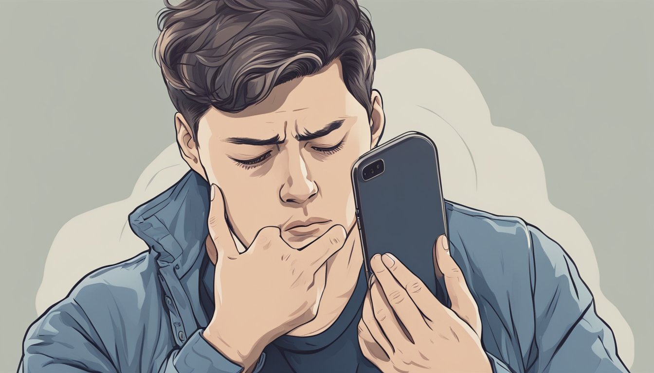 A person clutching their chest, with a worried expression, reaching for their phone