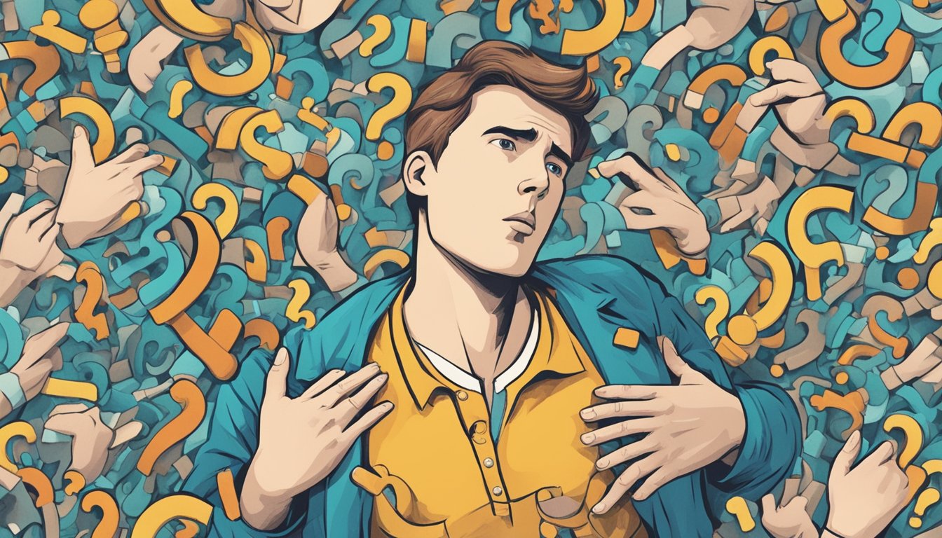 A person's chest suddenly thumping, surrounded by question marks