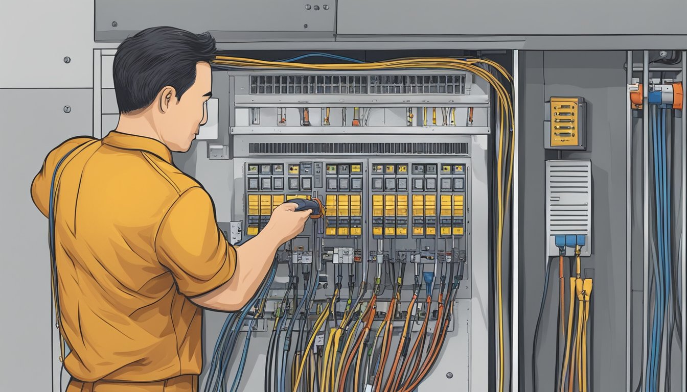 An electrician connects wires to the HDB electrical panel, loading it with cables and equipment