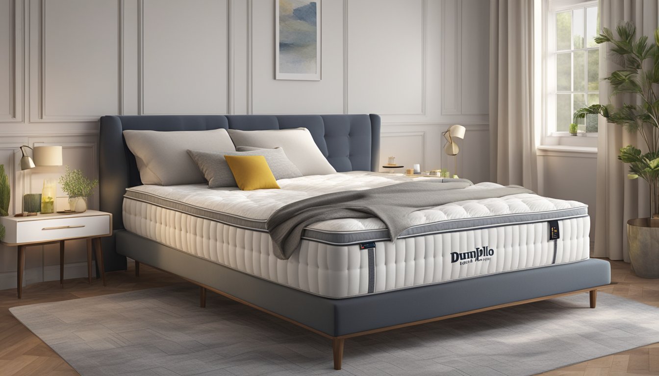 A person lies on a luxurious Dunlopillo mattress, surrounded by pillows. Their relaxed posture and peaceful expression convey the comfort of the product
