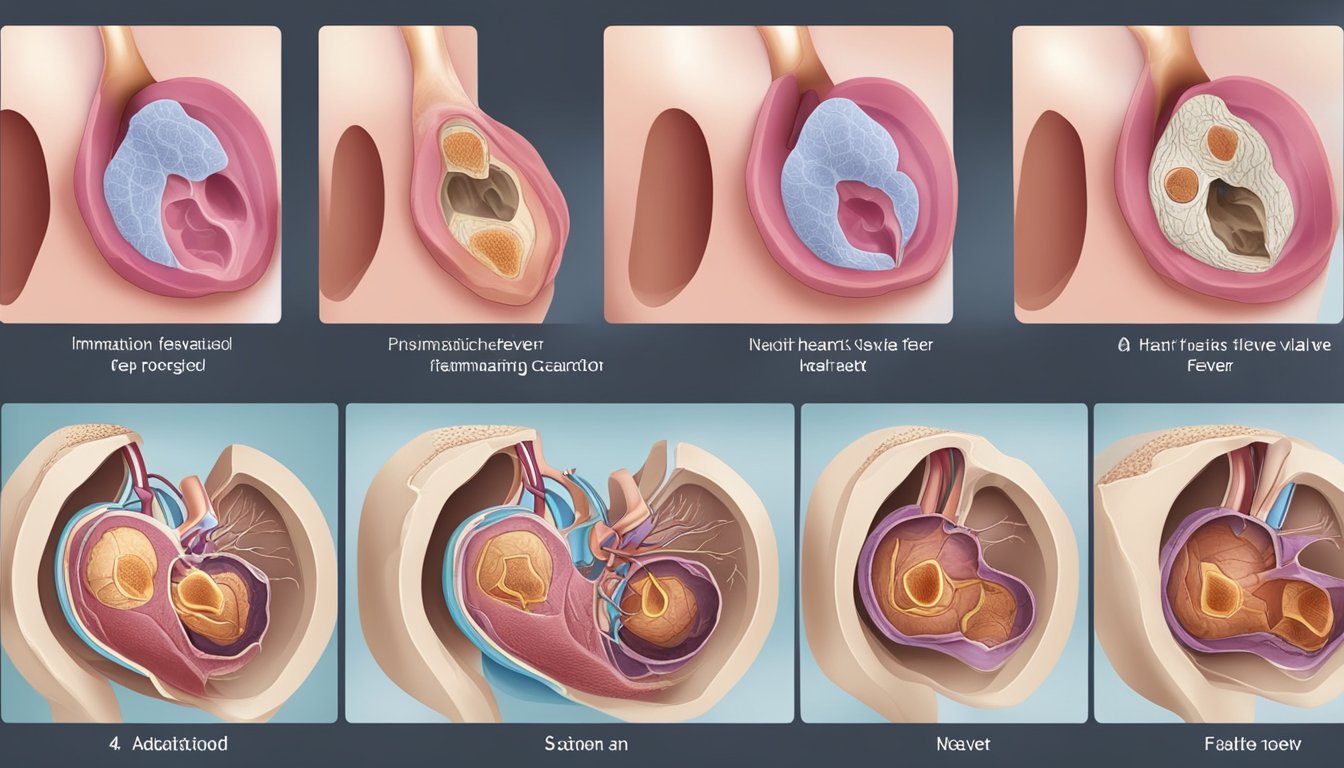 A damaged heart valve caused by rheumatic fever. Illustrate the progression of inflammation and scarring in the heart tissue