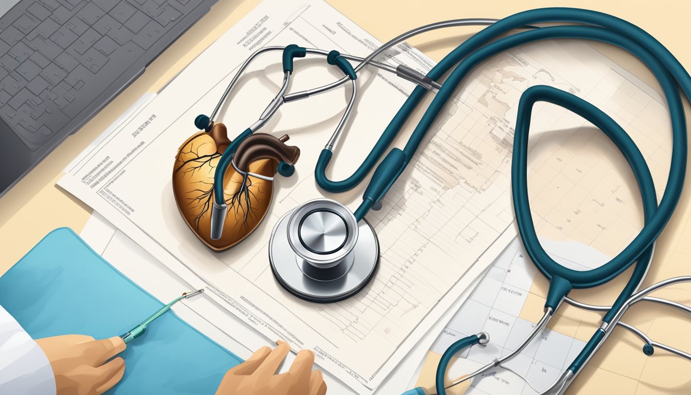A stethoscope placed on a chest, a chart showing heart murmurs, and a doctor examining a patient's medical history
