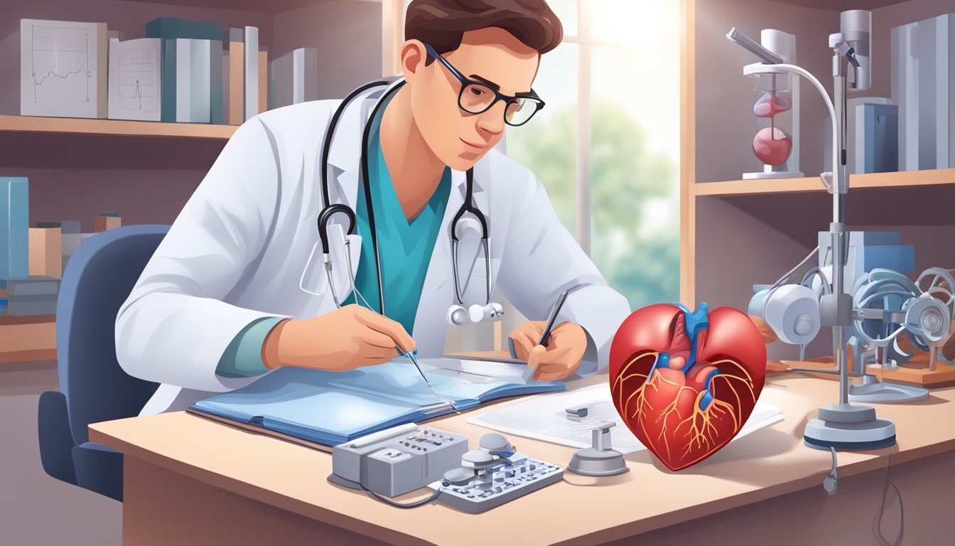 A doctor carefully examines a heart-shaped diagram, surrounded by medical equipment and textbooks on rheumatic heart disease