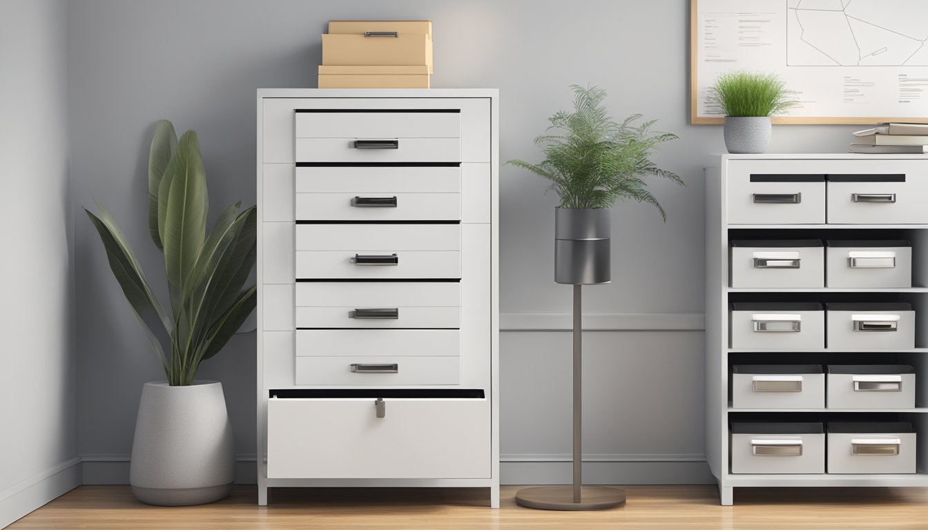 A sleek, modern storage cabinet labeled "Frequently Asked Questions" sits against a white wall in a well-lit office space. The cabinet has multiple drawers and compartments for organizing documents and materials