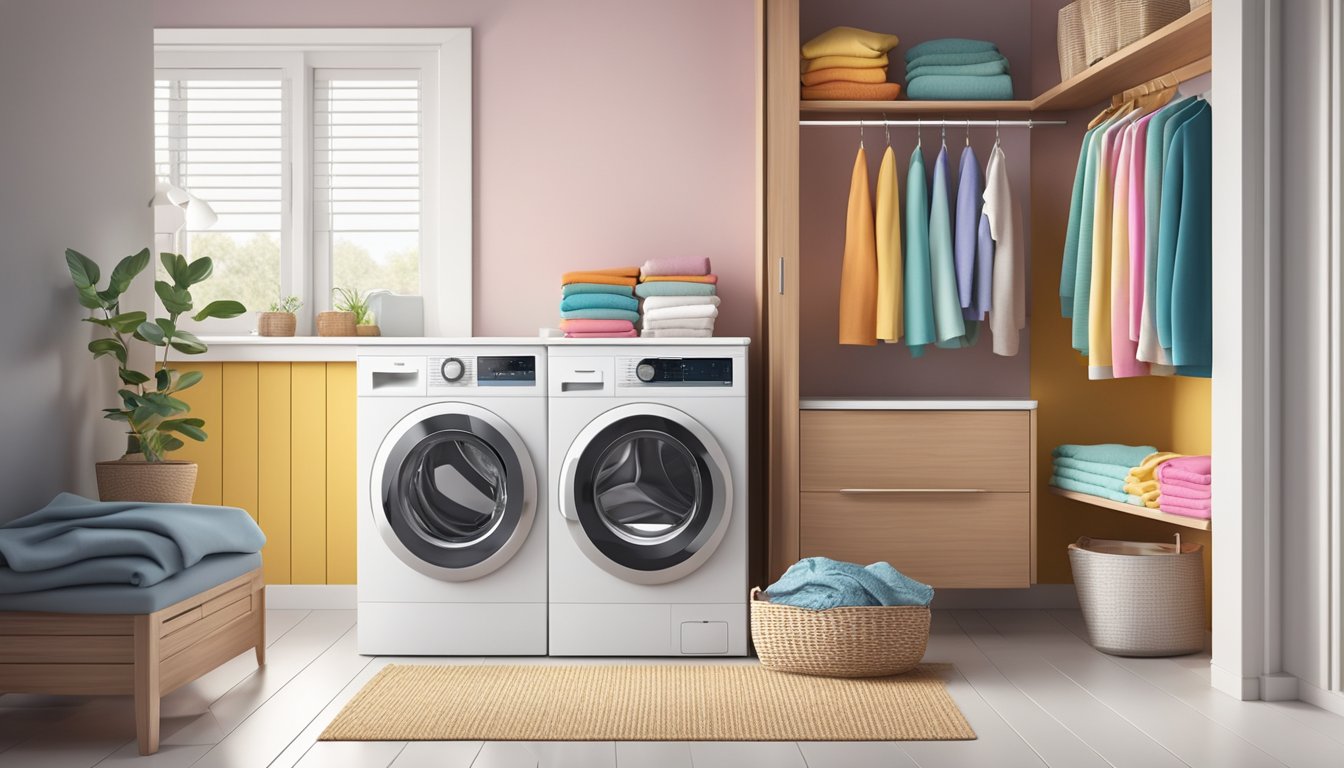 A sleek, modern washing machine stands in a bright, clean laundry room, surrounded by neatly folded towels and a basket of colorful clothes