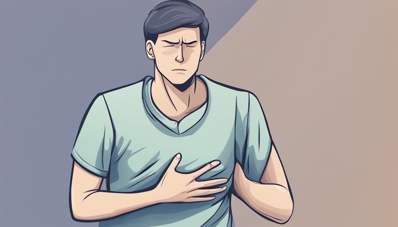 A person clutching their collarbone in pain, with a worried expression on their face, could be a scene to depict collarbone pain and heart attacks