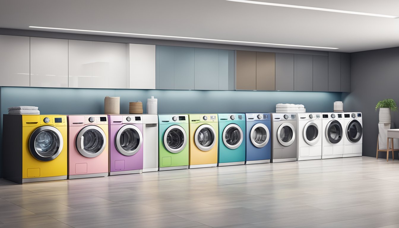 A row of top washing machine brands and models displayed in a modern showroom