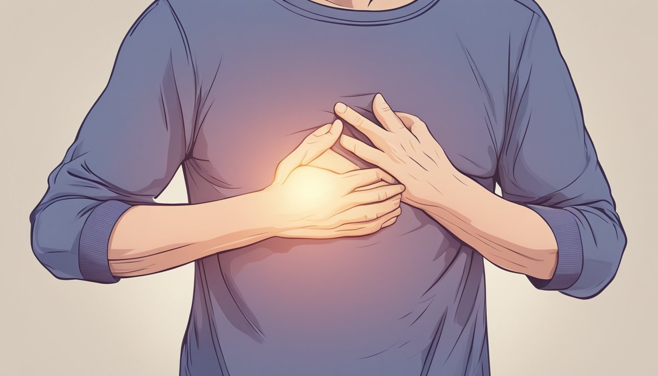 A person clutching their chest in pain, while also holding their collarbone in discomfort, could depict the differentiation of heart attack symptoms and collarbone pain