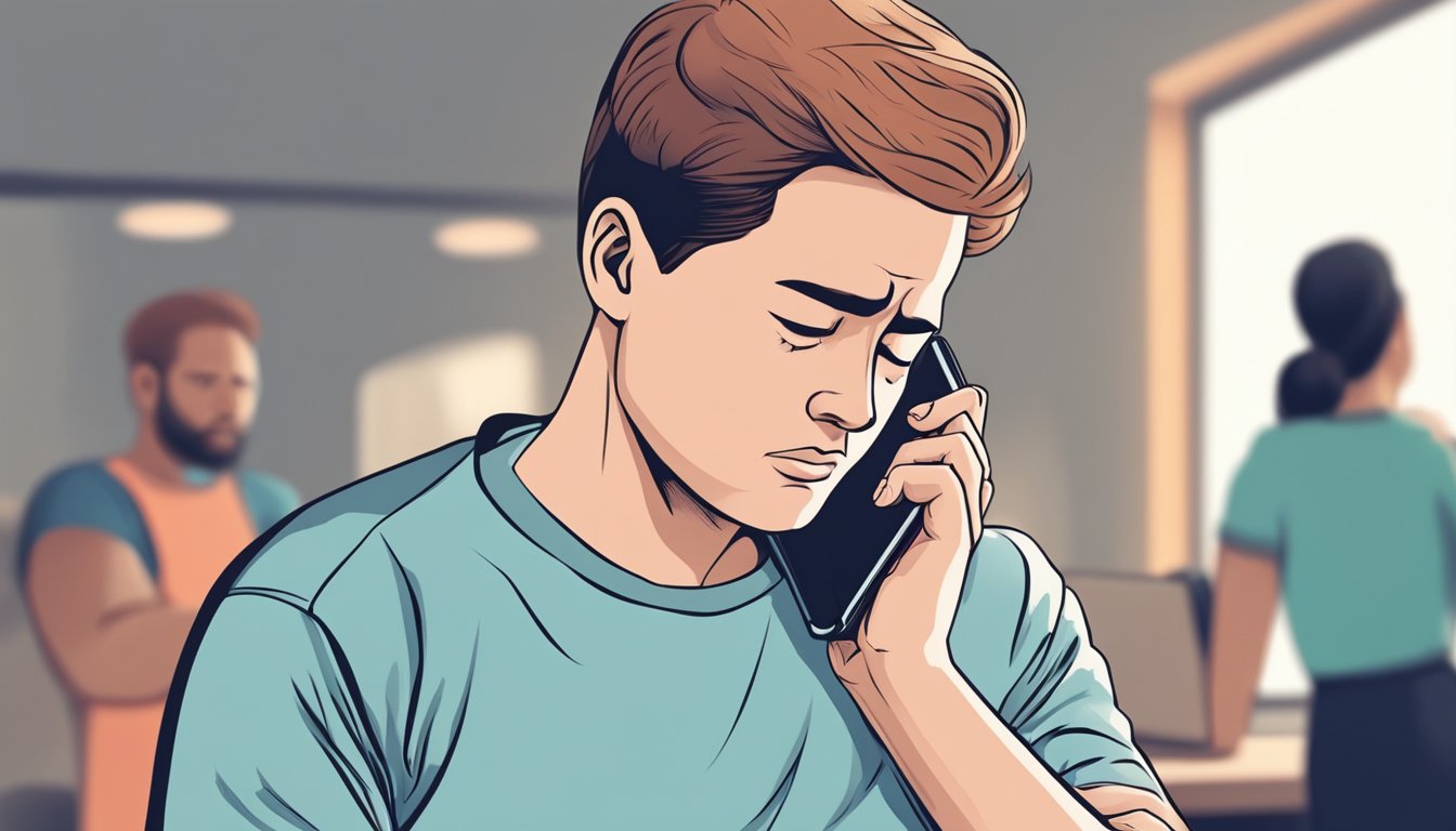 A person clutching their chest in pain, with a worried expression on their face, while looking up "collarbone pain heart attack" on their phone