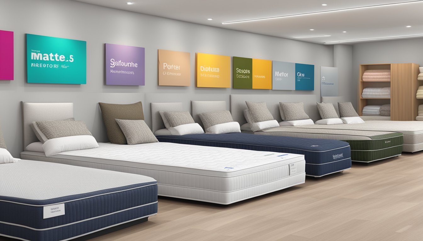 Various mattress brands displayed in a showroom with labels and price tags. Different sizes, colors, and textures are visible