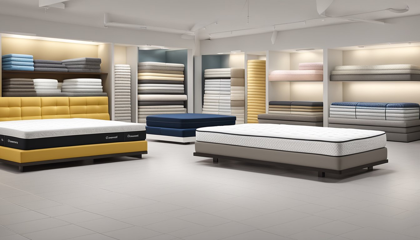 A variety of mattresses, including memory foam, innerspring, and latex, are displayed in a showroom. Labels showcase different brands and materials