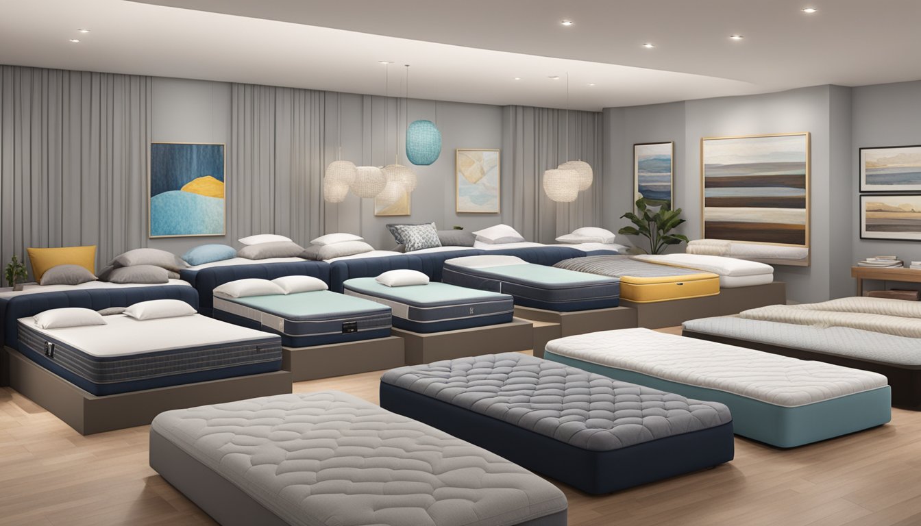 The scene depicts various top mattress brands, each showcasing their signature offerings in a showroom setting