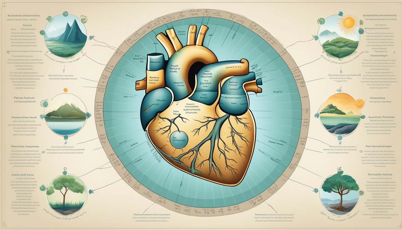 A heart-shaped diagram with labeled acupressure points, surrounded by calming imagery of nature and soothing colors