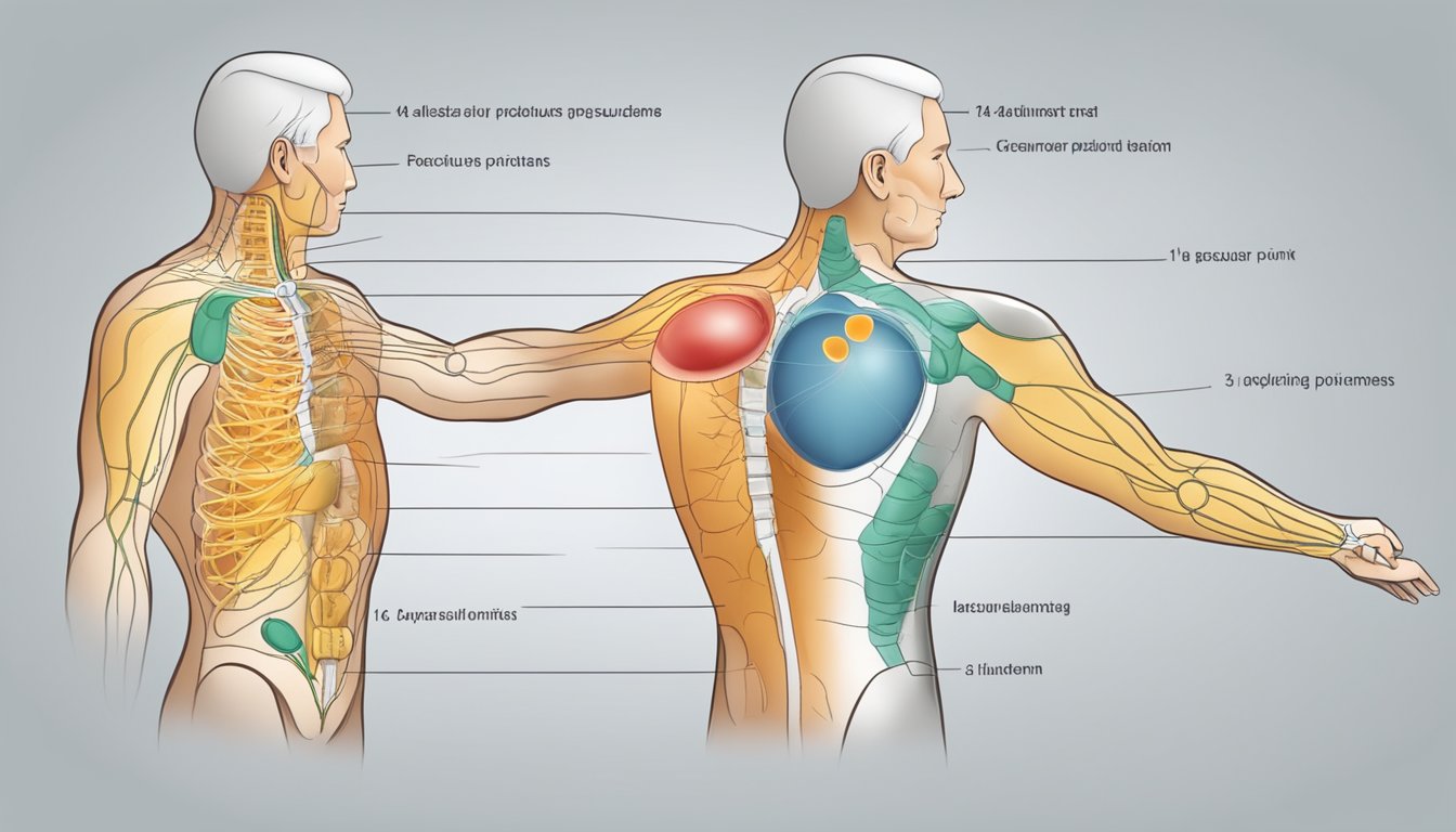 A person applies pressure to specific points on the body to alleviate heart pain, following a diagram of acupressure points for heart ailments