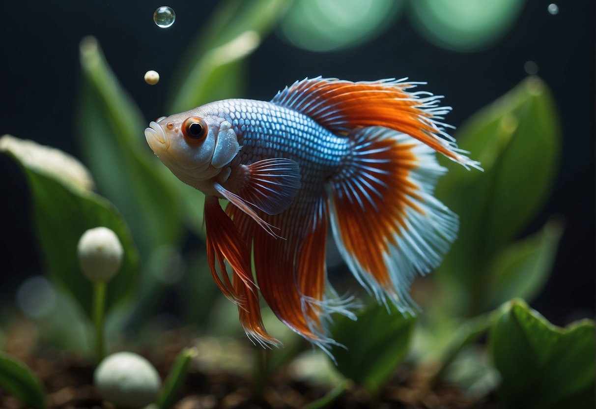 A betta fish carefully tends to a cluster of tiny translucent eggs, attaching them to a plant leaf with its mouth