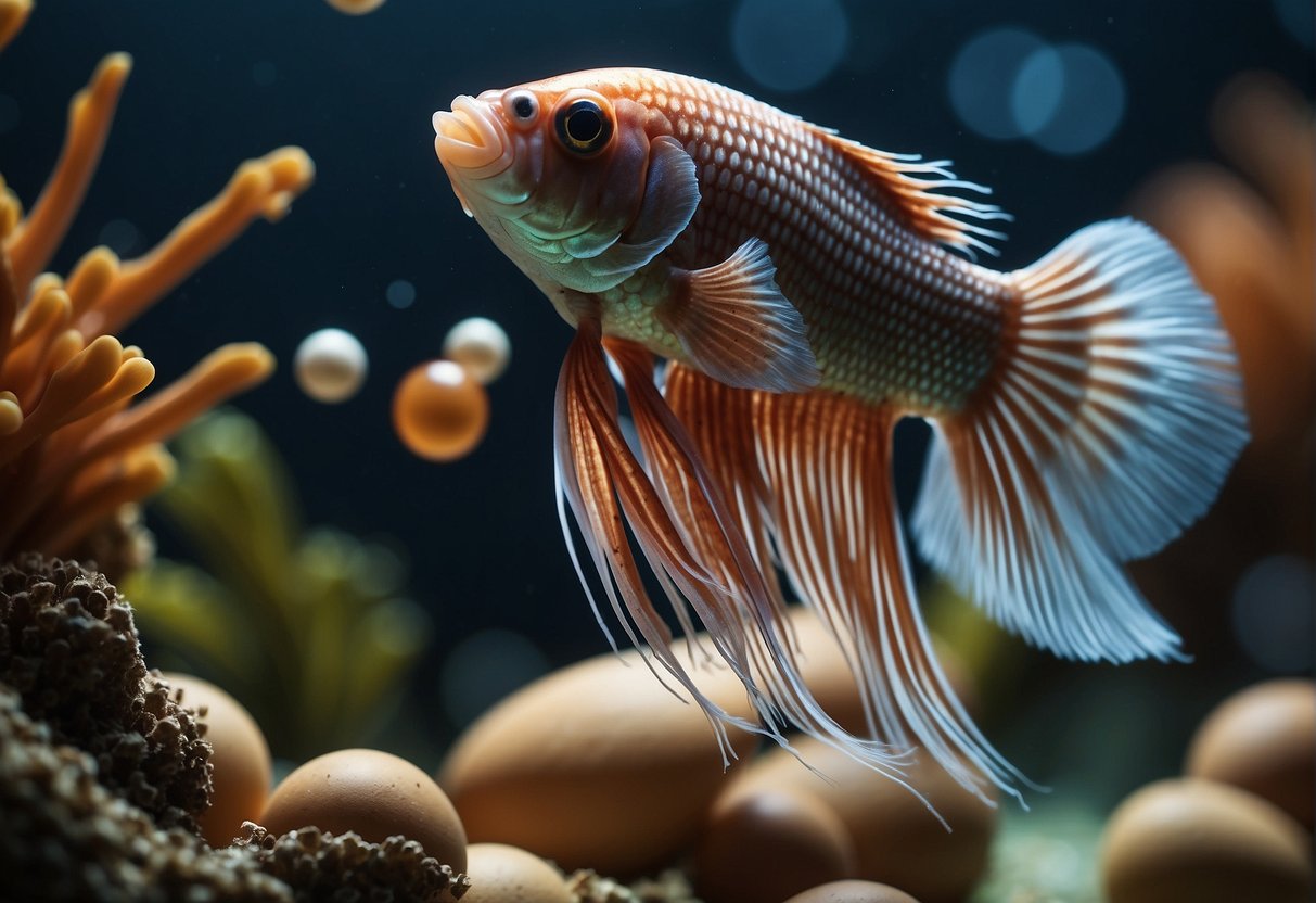 A female betta fish hovers over a cluster of eggs, guarding them with her fins and watching over them attentively