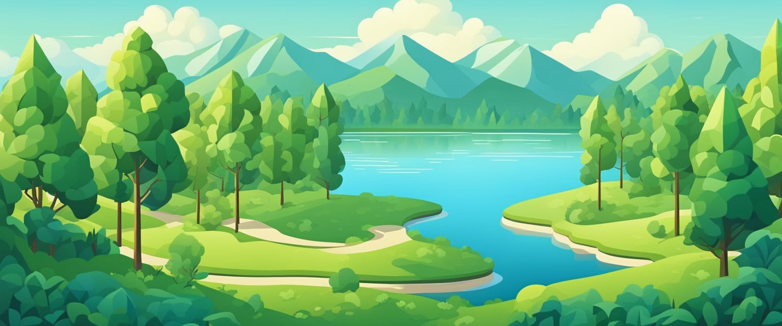 A serene nature scene with a calm lake, lush green trees, and a clear blue sky, conveying a sense of peace and tranquility