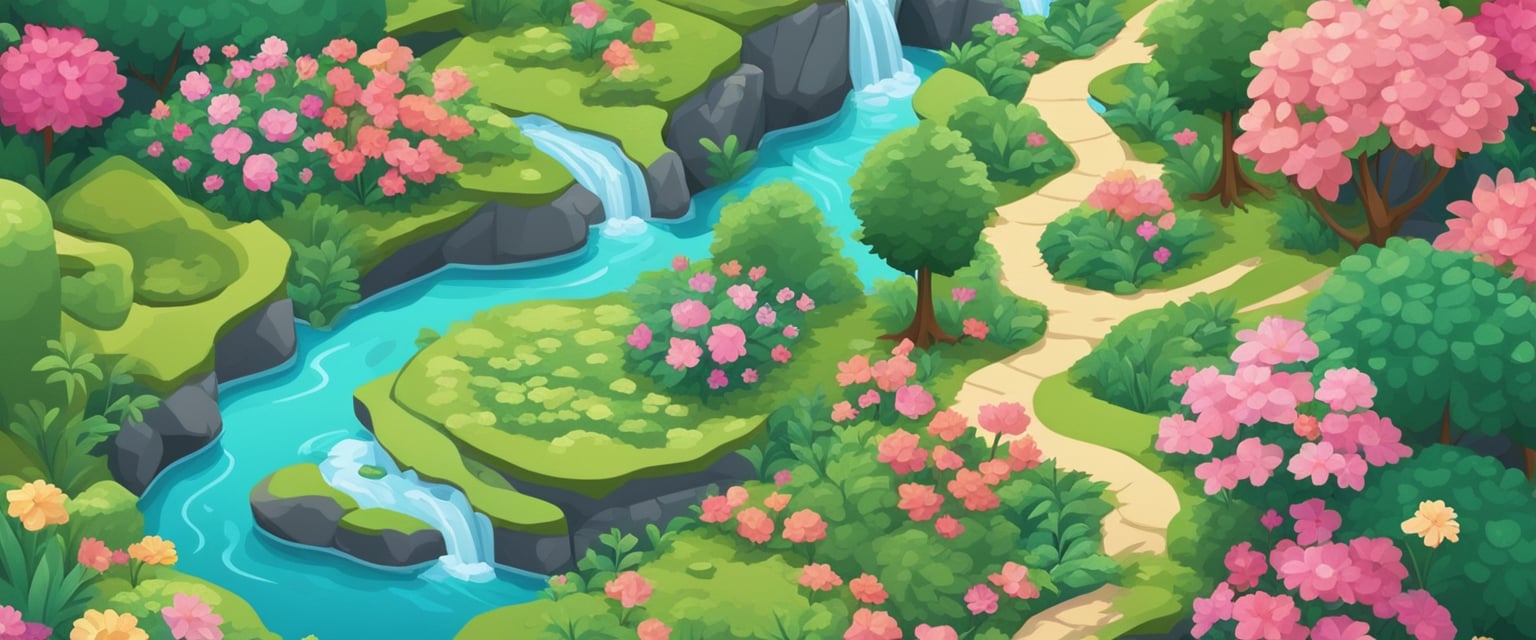 A serene landscape with a peaceful stream flowing through a lush forest, surrounded by vibrant greenery and colorful flowers