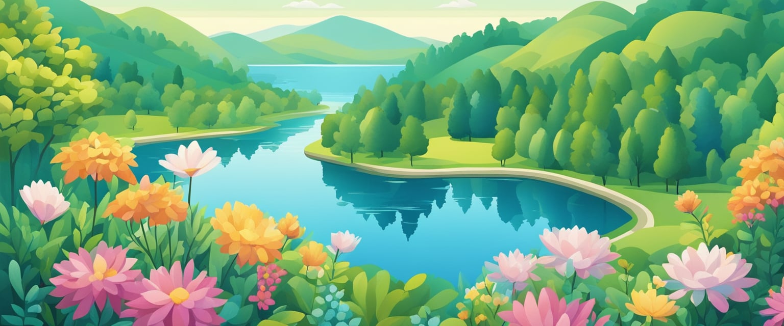A serene landscape with a peaceful lake, surrounded by lush green trees and colorful flowers, with a clear blue sky and gentle breeze