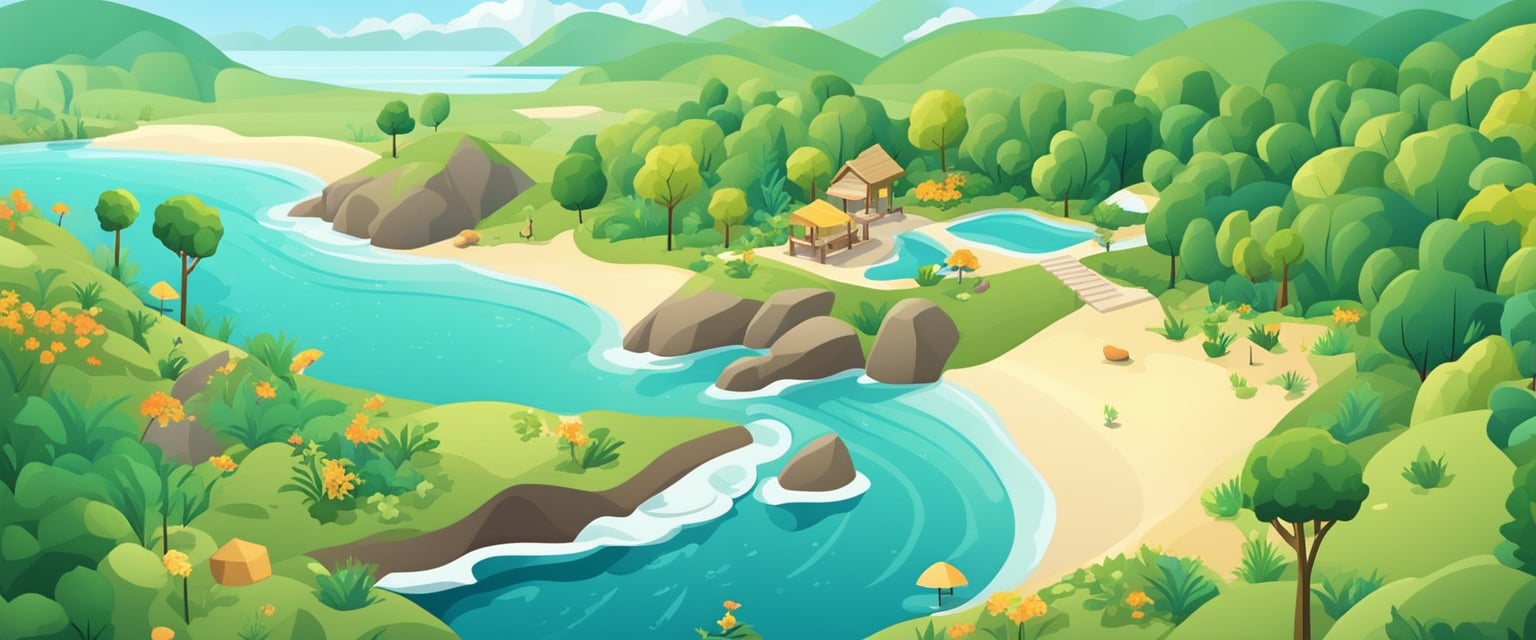 A serene nature scene with a tranquil setting, perhaps a peaceful garden or a calming beach, with elements that convey relaxation and serenity