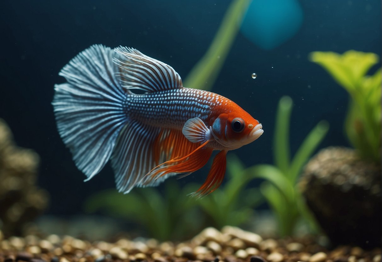 A betta fish swims towards an African dwarf frog, showing curiosity but not aggression. The frog calmly hops away, unharmed