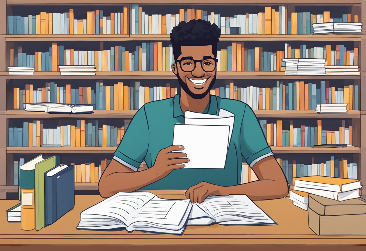 A student holding a letter of acceptance for FIES, with a happy expression, surrounded by books and a laptop