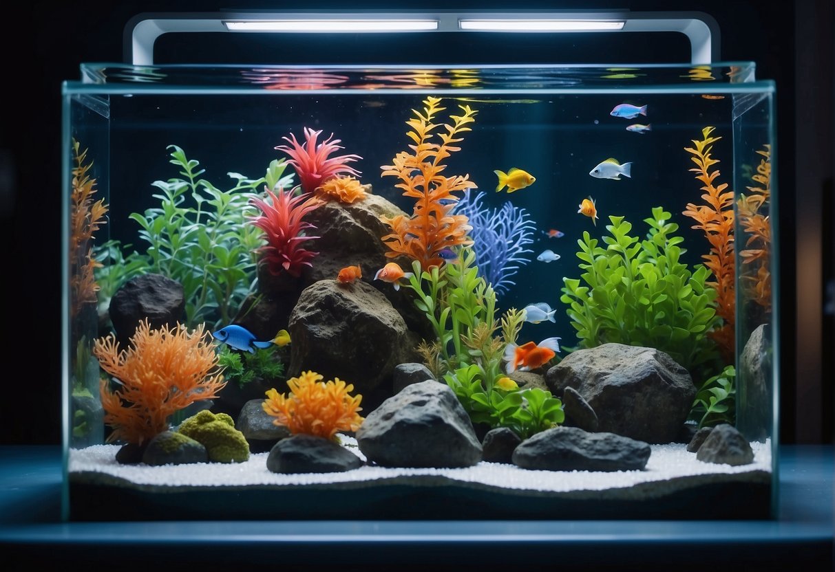 A vibrant underwater scene with colorful plants, rocks, and a betta fish swimming gracefully in a spacious tank