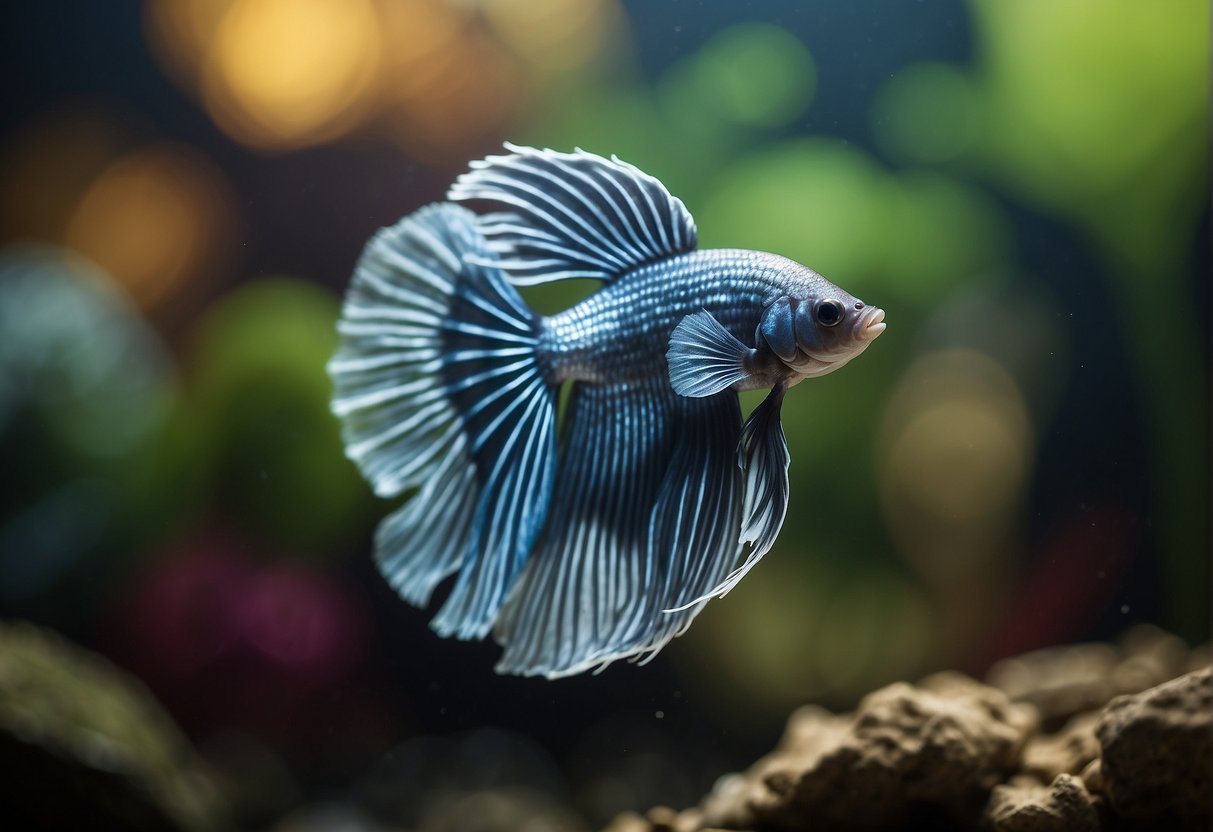 A betta fish swimming in a tank with a question mark above its head