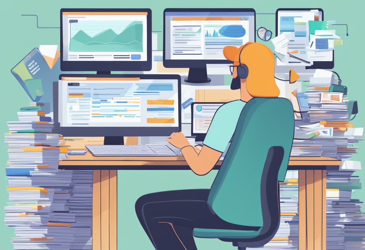 Multiple computer screens display various affiliate marketing websites, each showcasing different products and services. A person sits at a desk, typing and clicking away, surrounded by stacks of papers and notepads filled with notes and ideas