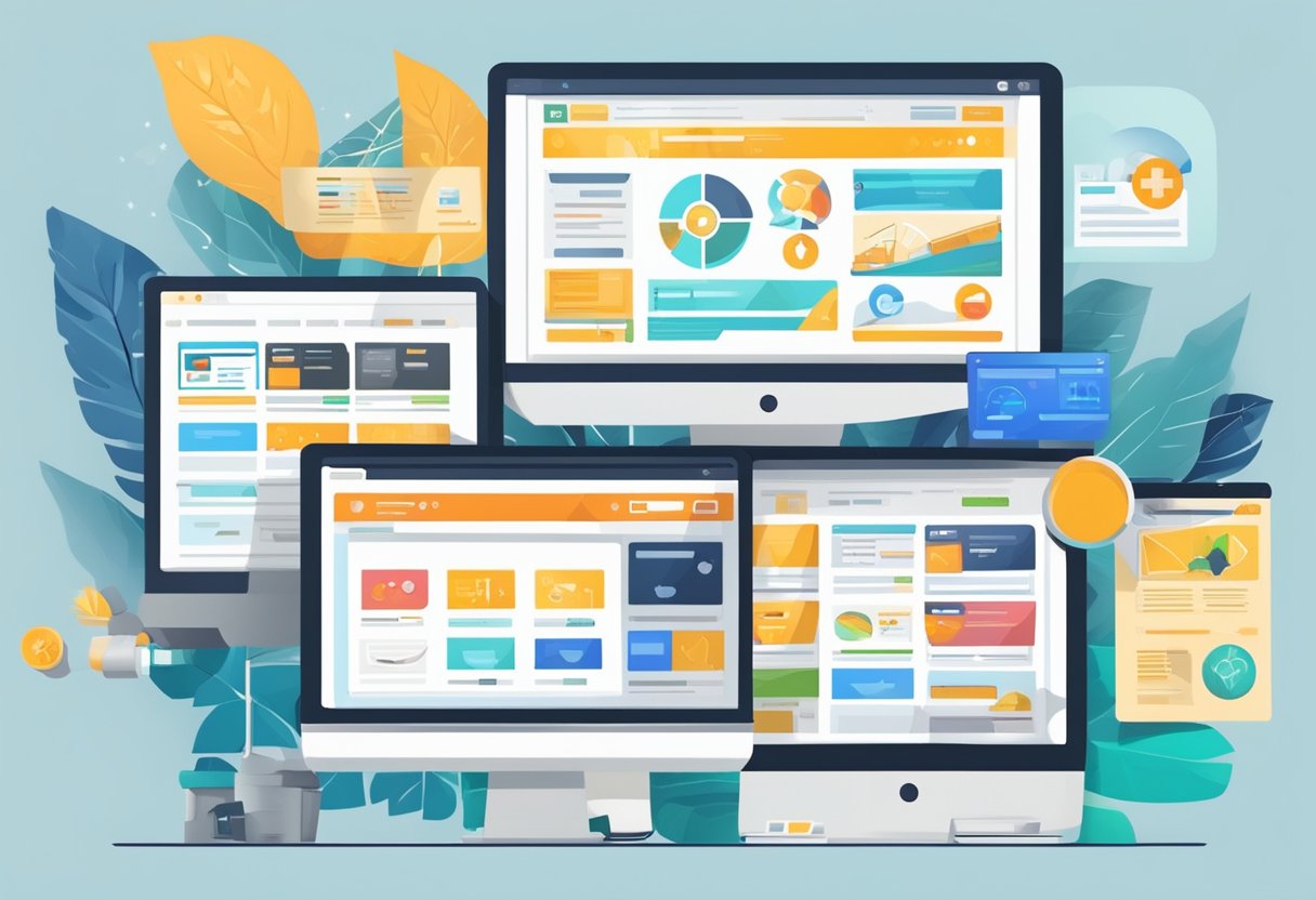 Various affiliate marketing websites displayed on computer screens with logos and product images. Links and buttons for joining and purchasing are visible