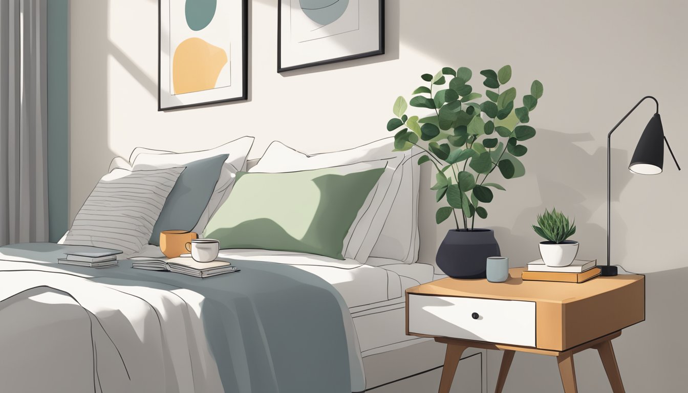A cozy bedroom with a sleek, modern side table holding a lamp, books, and a small plant