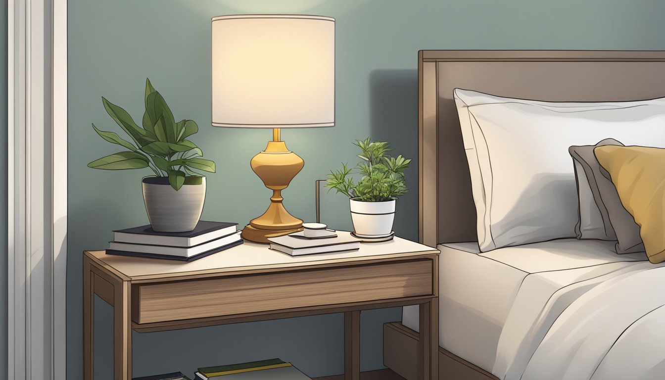 A neatly organized bedroom side table in Singapore with a lamp, books, and a small decorative plant