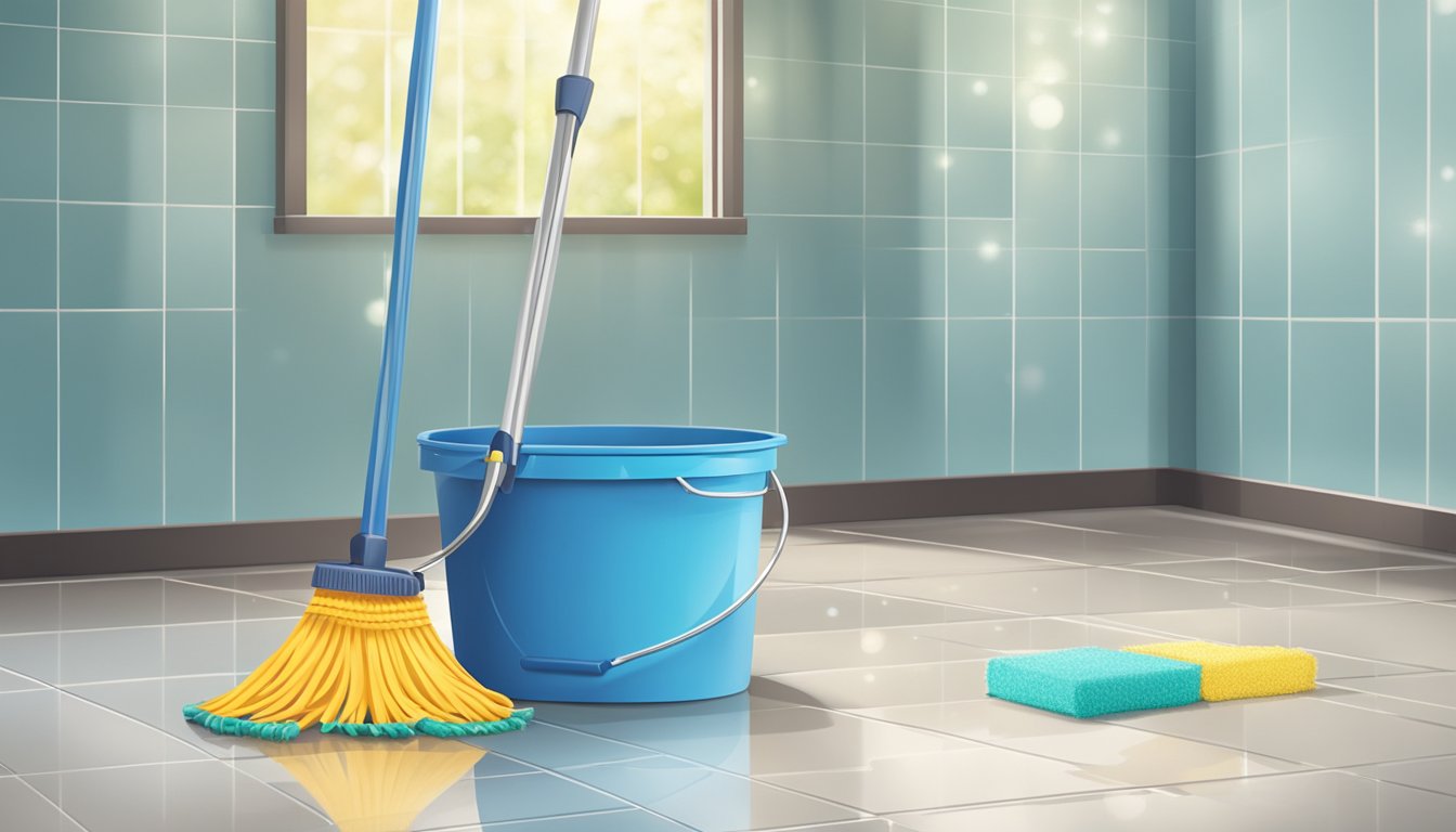 A mop and bucket sit ready on a sparkling tile floor, with cleaning supplies neatly organized nearby. A clean and tidy home is depicted