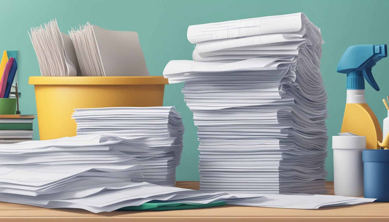 A stack of FAQ papers sits on a desk, with a "Mops Singapore" header. A mop and cleaning supplies are visible in the background