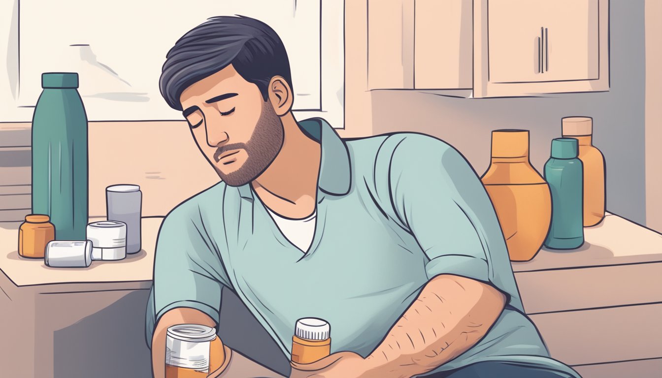 A person holding their arm in discomfort, wincing. Nearby, a bottle of pain medication and a heating pad