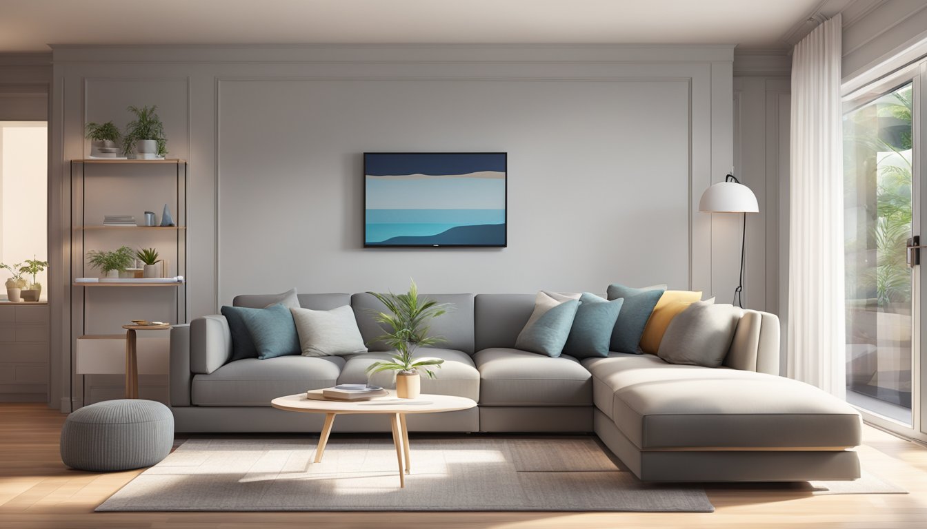 A modern living room with a Mitsubishi air conditioning unit mounted on the wall, surrounded by comfortable furniture and a sleek, minimalist design aesthetic