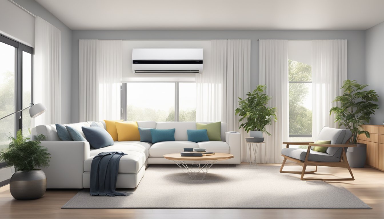 A sleek Mitsubishi air conditioning unit mounted on a pristine white wall, surrounded by modern furnishings and a cool, comfortable atmosphere